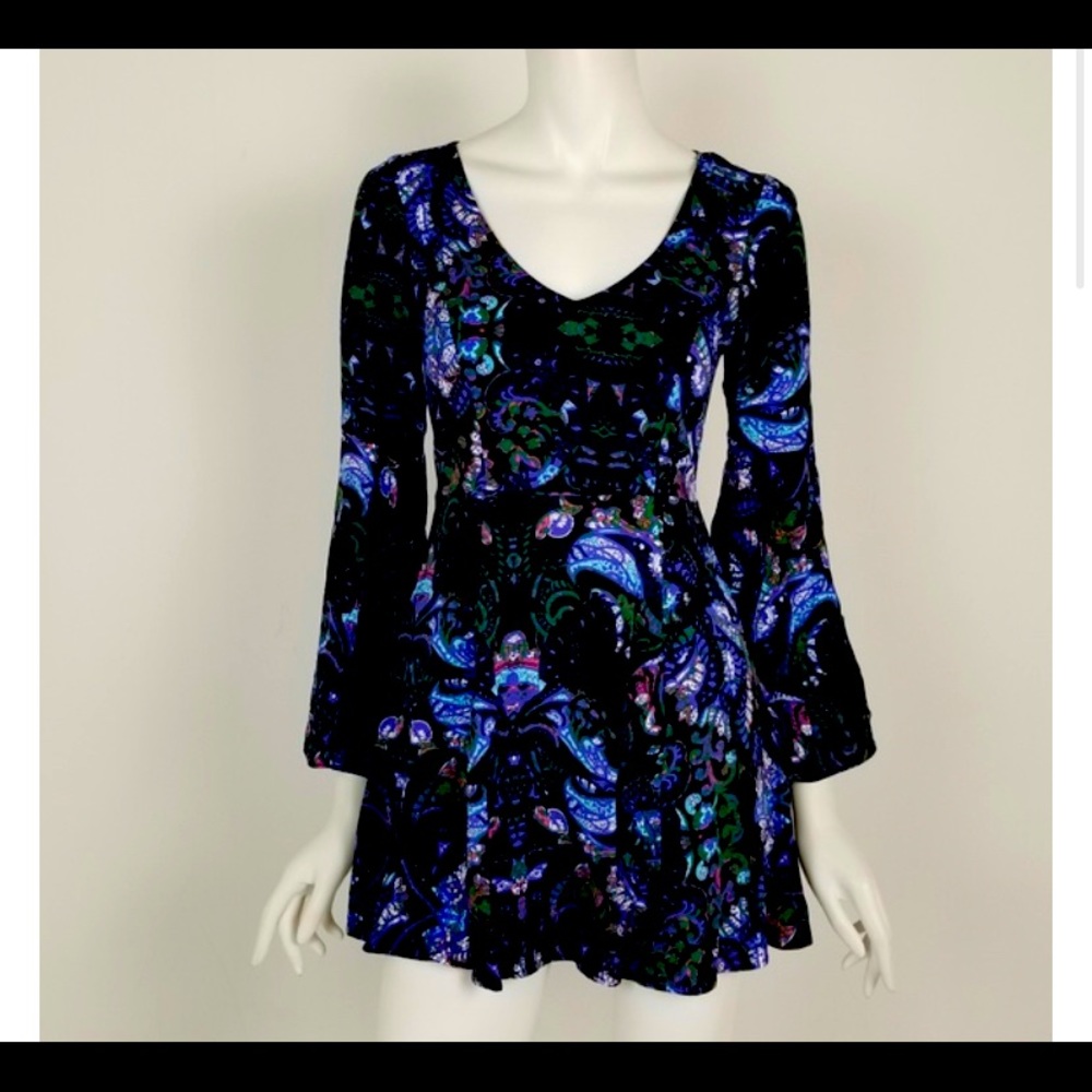 Blue Patterned Express Boho Mini Dress with Bell Sleeves